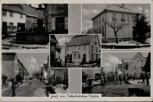 1940 Rathaus mit Brunnen, Schulhaus, Lange Straße (2 mal), Gasthaus zum Ochsen (in der Mitte)
